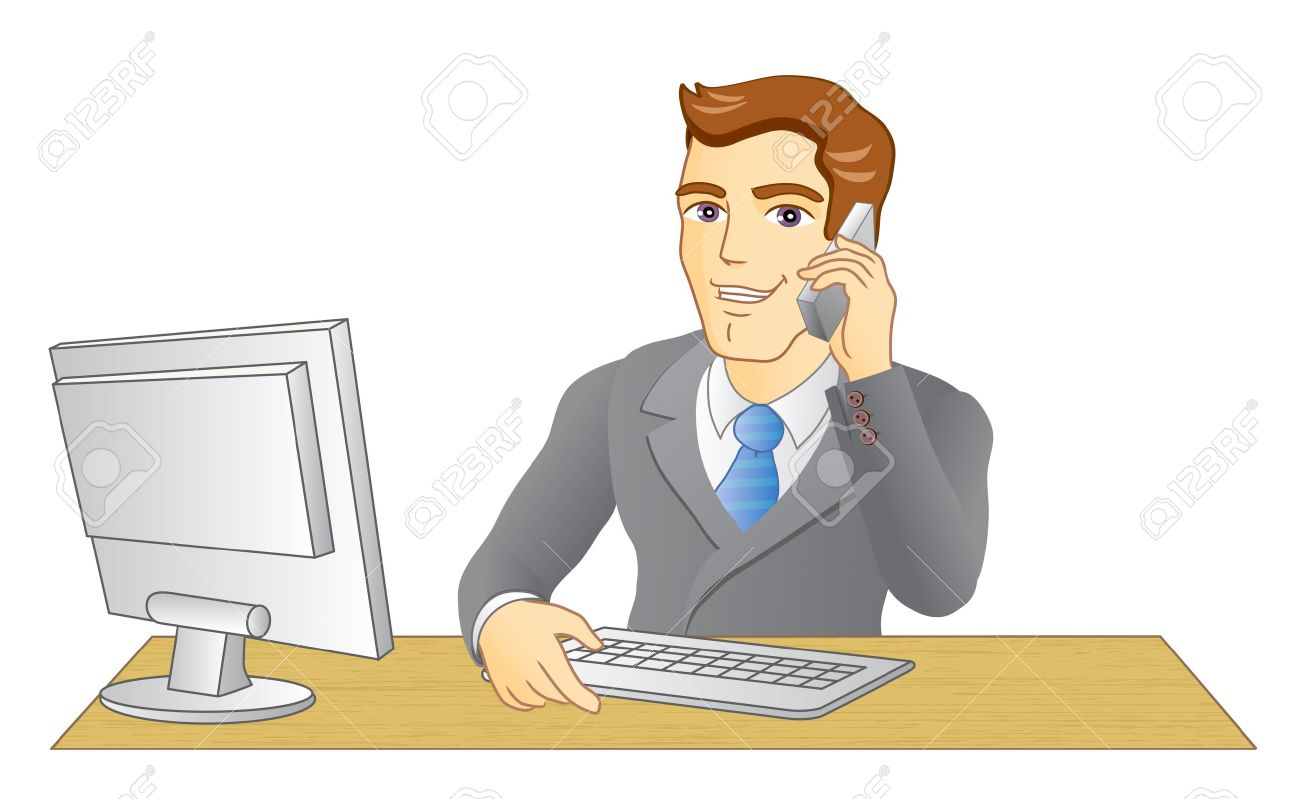 笑い男の職場でのオフィスで働くビジネスマン話す電話ベクトル イラストのイラスト素材 ベクタ Image