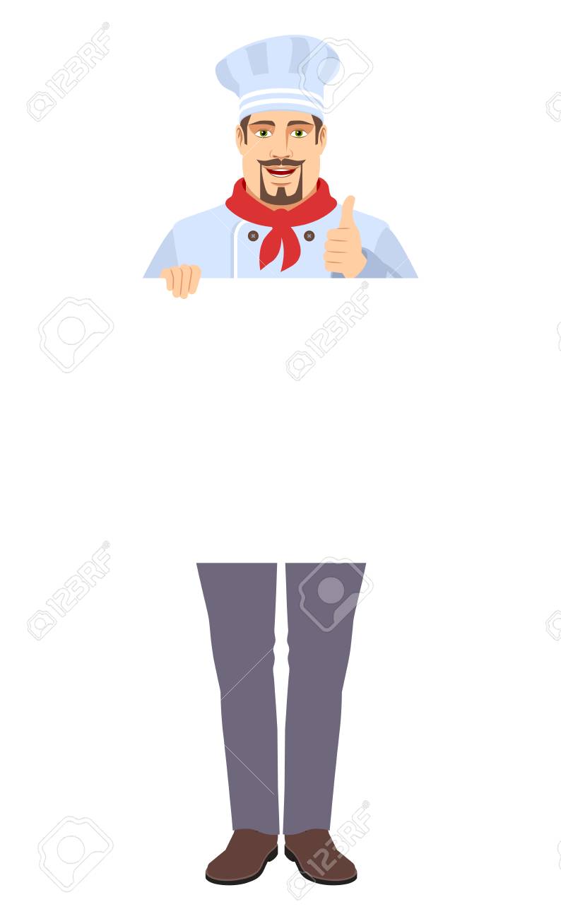 シェフは白い空白のポスターを持ち 親指を立てながら見せる フラットなスタイルでシェフのフルレングスの肖像画 ベクトルのイラストのイラスト素材 ベクタ Image