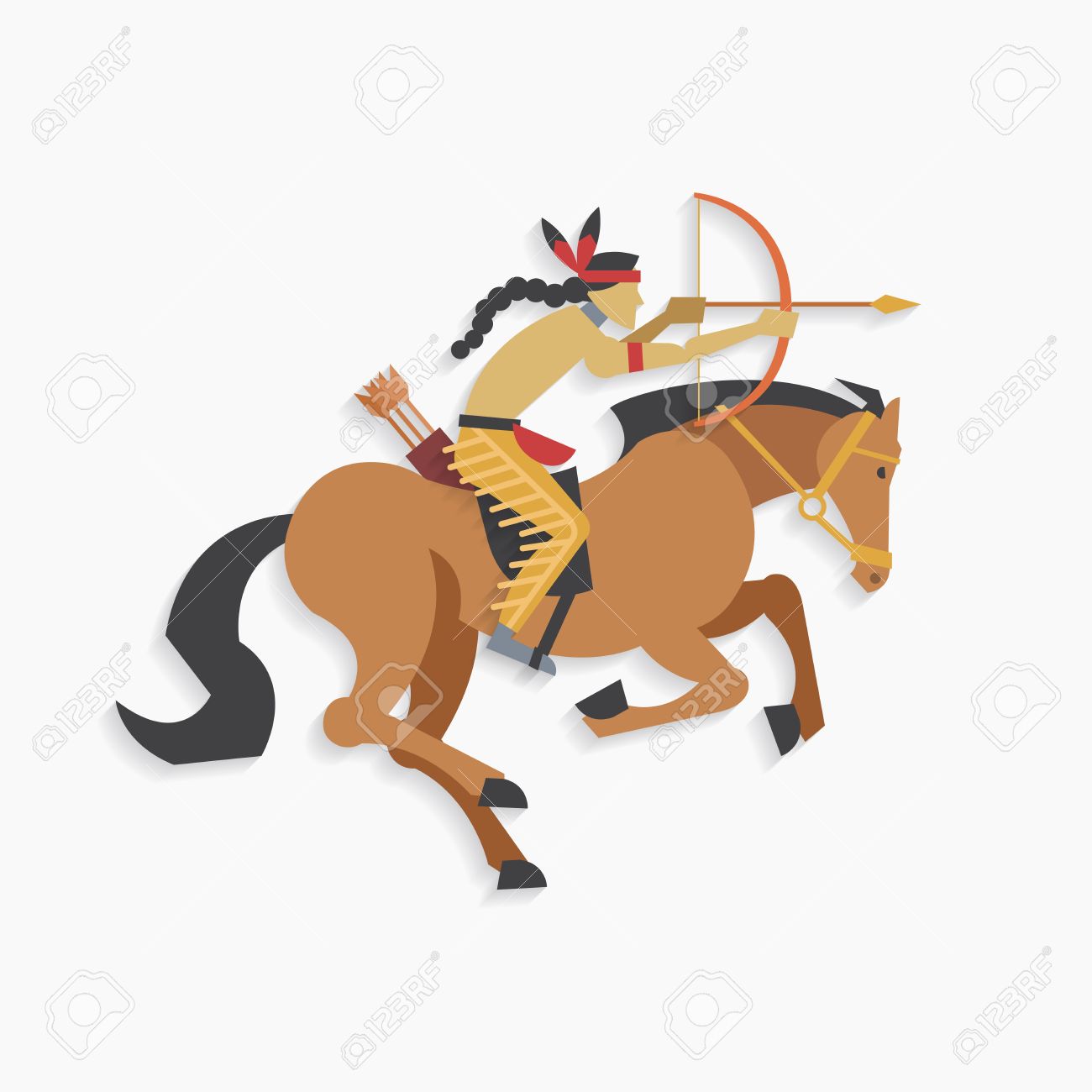 弓と馬に乗って矢を持つネイティブ アメリカン インディアンの戦士のイラスト素材 ベクタ Image