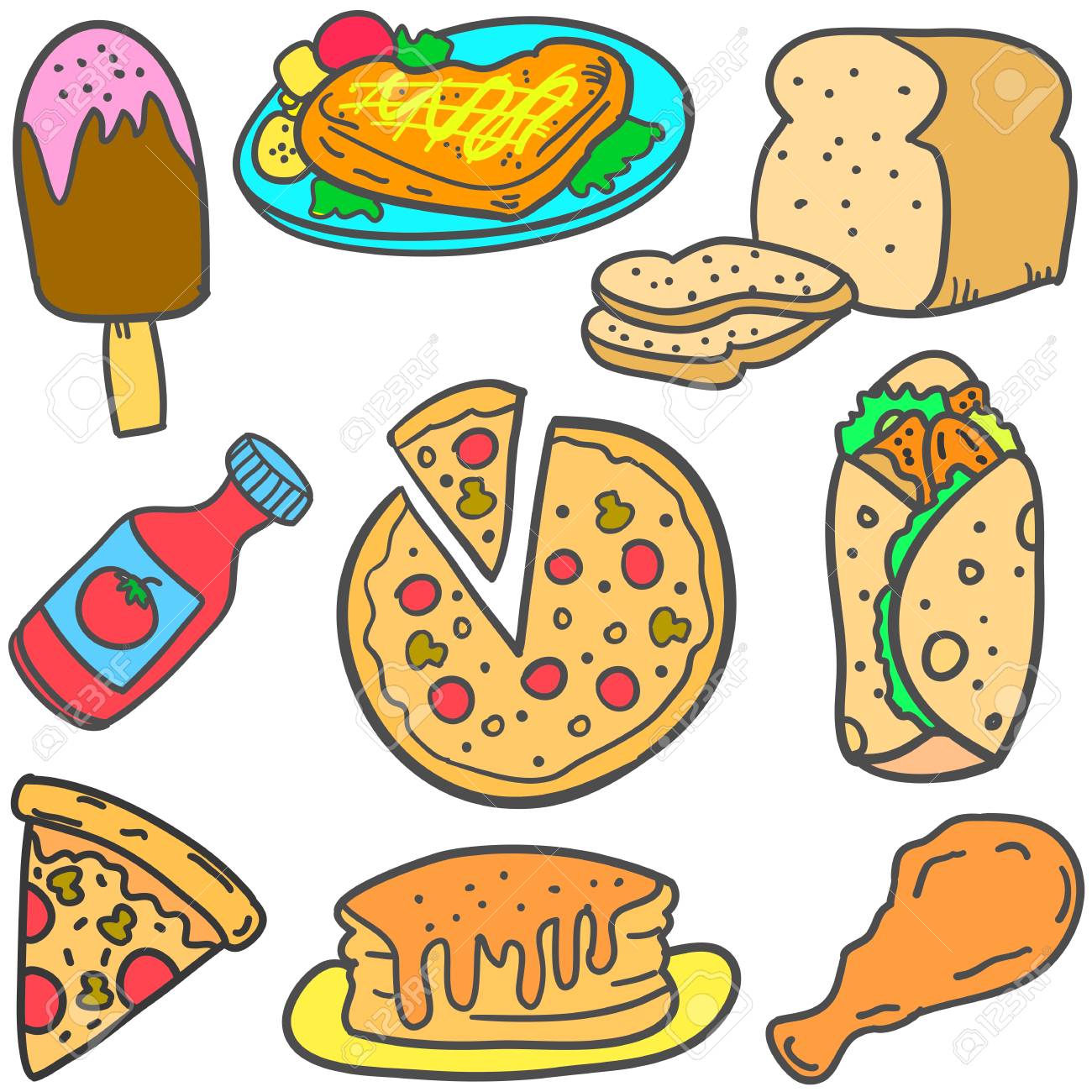 Doodle De Dibujos Animados De Diseño De Varios Estilos De Alimentos  Ilustraciones Svg, Vectoriales, Clip Art Vectorizado Libre De Derechos.  Image 74187340.