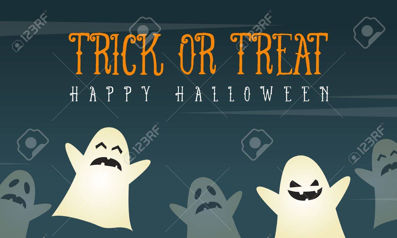halloween background card with funny ghost vector illustration