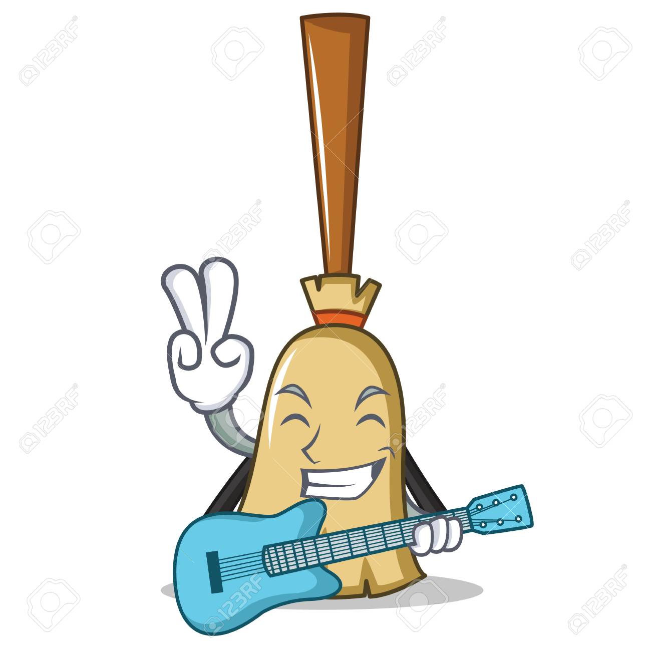 ギターほうきキャラクター漫画スタイルベクトルイラスト付きのイラスト素材 ベクタ Image