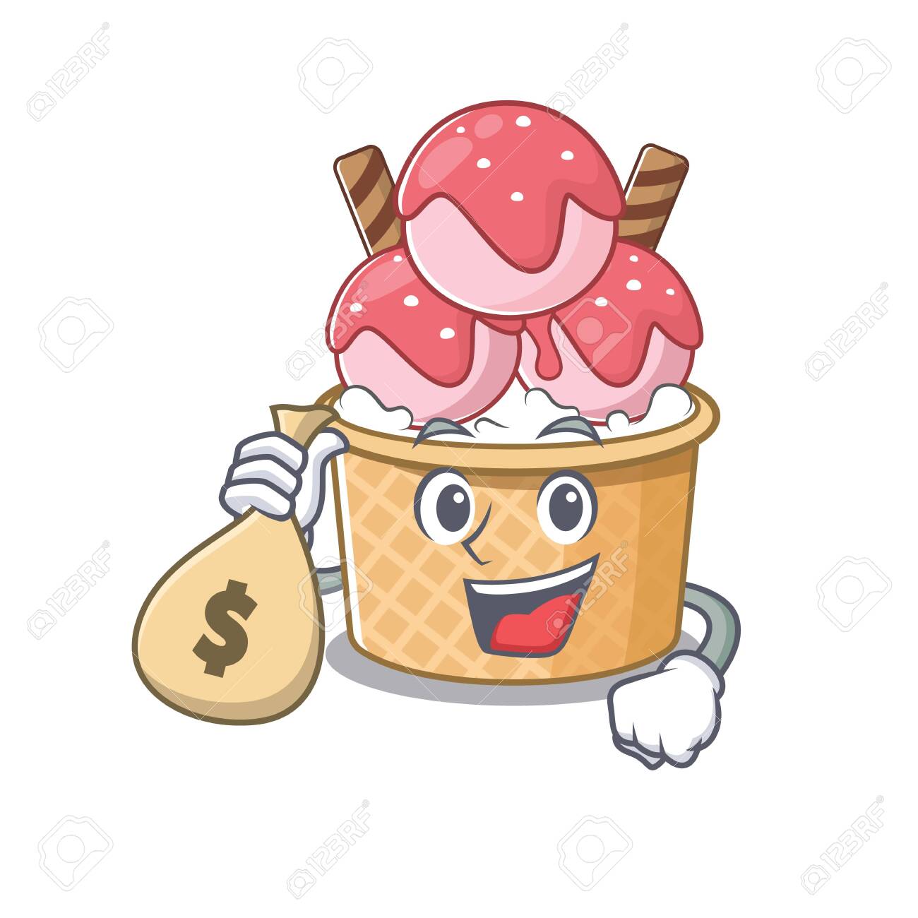 Happy Rich Ice Cream Sundae Cartoon Character With Money Bag Royalty Free Cliparts Vectors And Stock Illustration Image