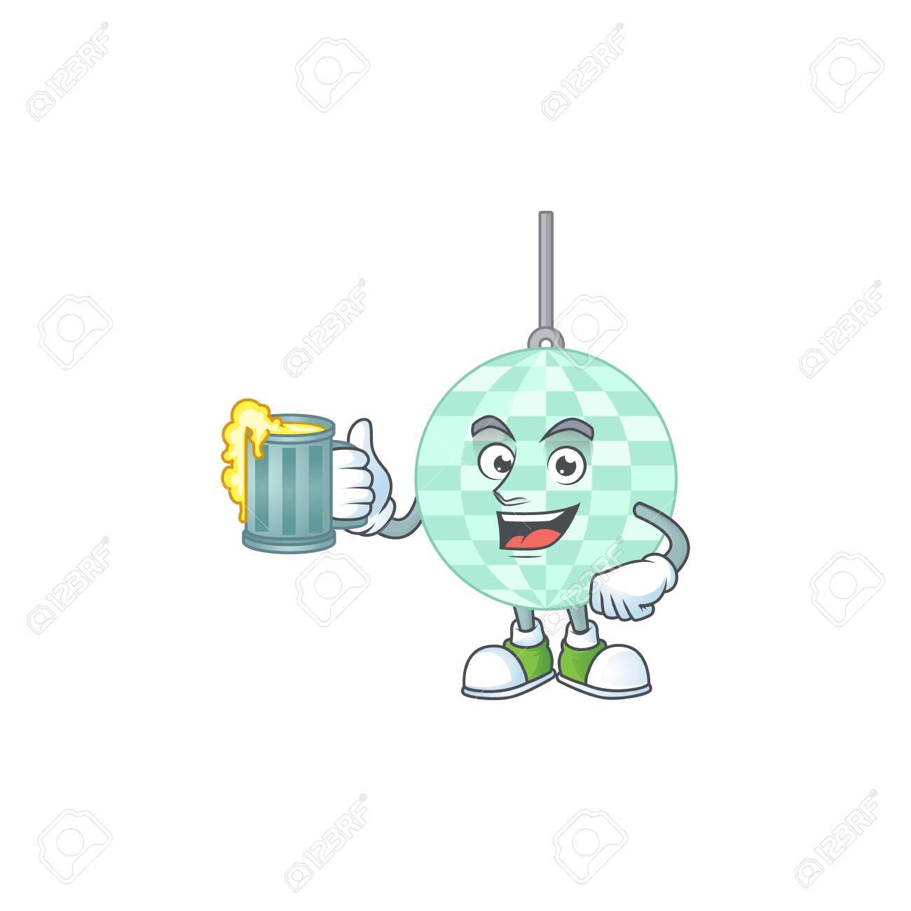 A cheerful disco ball cartoon mascot style toast with a glass of beer - 147963561 A cheerful disco ball cartoon mascot style toast with a glass of beer - 147963561
