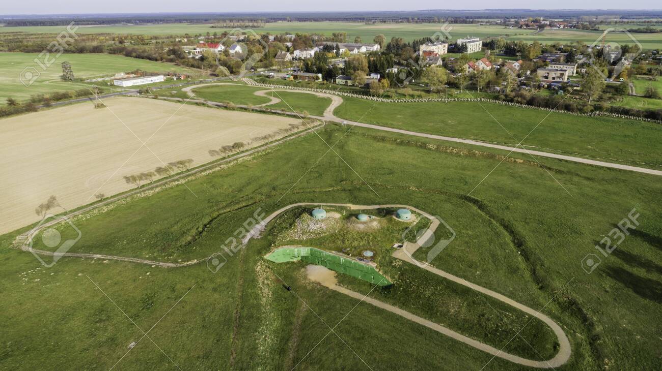 MRU World War II fortification bunker, Pniewo, near Miedzyrzecz, Poland. Entrance to the underground corridor system. German militarized zone from World War II. Aerial view. - 141148761 MRU World War II fortification bunker, Pniewo, near Miedzyrzecz, Poland. Entrance to the underground corridor system. German militarized zone from World War II. Aerial view. - 141148761