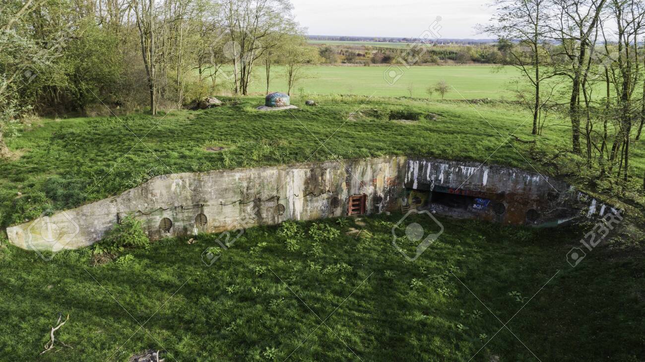 MRU World War II fortification bunker, Pniewo, near Miedzyrzecz, Poland. Entrance to the underground corridor system. German militarized zone from World War II. Aerial view. - 141148251 MRU World War II fortification bunker, Pniewo, near Miedzyrzecz, Poland. Entrance to the underground corridor system. German militarized zone from World War II. Aerial view. - 141148251