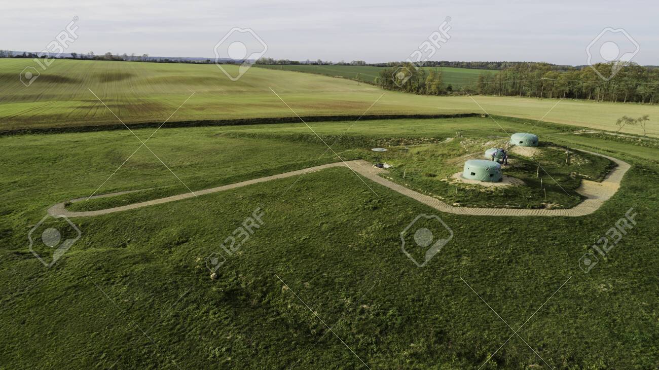 MRU World War II fortification bunker, Pniewo, near Miedzyrzecz, Poland. Entrance to the underground corridor system. German militarized zone from World War II. Aerial view. - 141148255 MRU World War II fortification bunker, Pniewo, near Miedzyrzecz, Poland. Entrance to the underground corridor system. German militarized zone from World War II. Aerial view. - 141148255