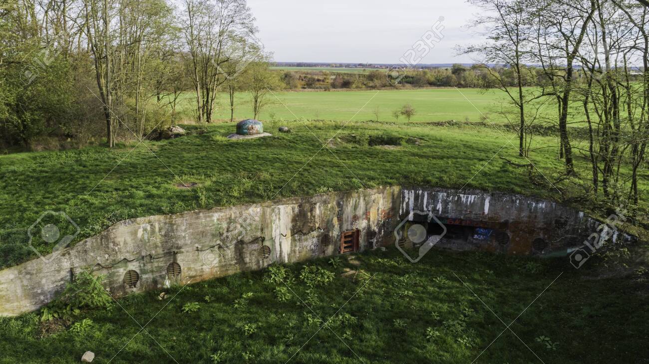MRU World War II fortification bunker, Pniewo, near Miedzyrzecz, Poland. Entrance to the underground corridor system. German militarized zone from World War II. Aerial view. - 141148257 MRU World War II fortification bunker, Pniewo, near Miedzyrzecz, Poland. Entrance to the underground corridor system. German militarized zone from World War II. Aerial view. - 141148257