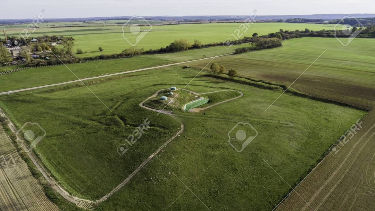 MRU World War II fortification bunker, Pniewo, near Miedzyrzecz, Poland. Entrance to the underground corridor system. German militarized zone from World War II. Aerial view. - 141148258 MRU World War II fortification bunker, Pniewo, near Miedzyrzecz, Poland. Entrance to the underground corridor system. German militarized zone from World War II. Aerial view. - 141148258