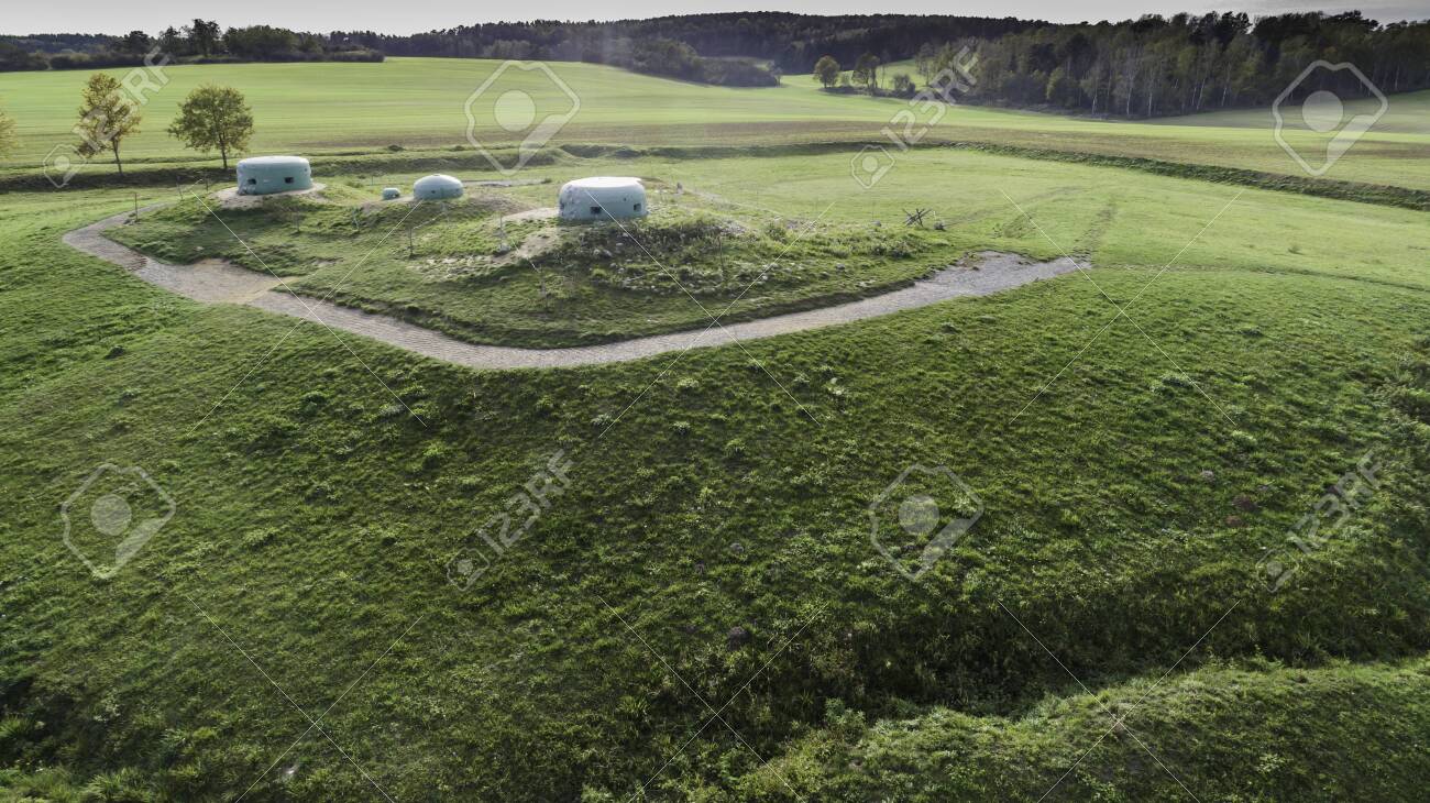 MRU World War II fortification bunker, Pniewo, near Miedzyrzecz, Poland. Entrance to the underground corridor system. German militarized zone from World War II. Aerial view. - 141148263 MRU World War II fortification bunker, Pniewo, near Miedzyrzecz, Poland. Entrance to the underground corridor system. German militarized zone from World War II. Aerial view. - 141148263