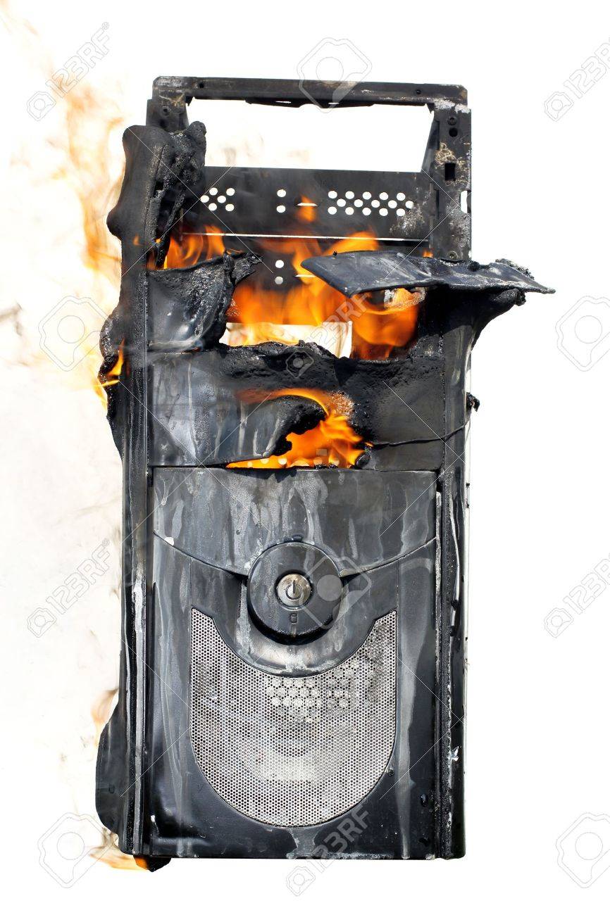 burning computer case isolated on white stock photo picture and burning computer