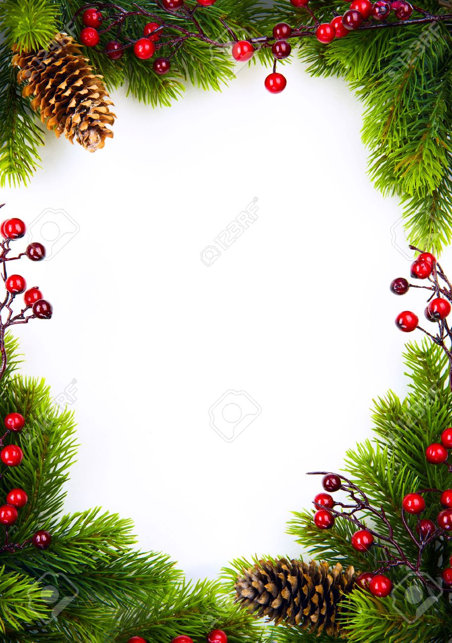 christmas frame with fir and holly berry on white paper background christmas frame for picture
