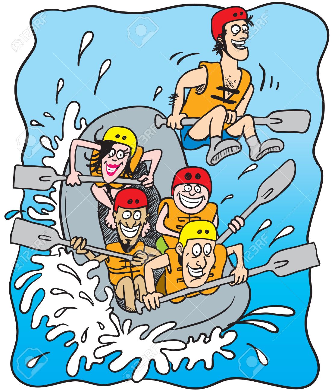 ラフティング ボートに乗って 5 つの幸せな人の漫画イラスト のイラスト素材 ベクタ Image