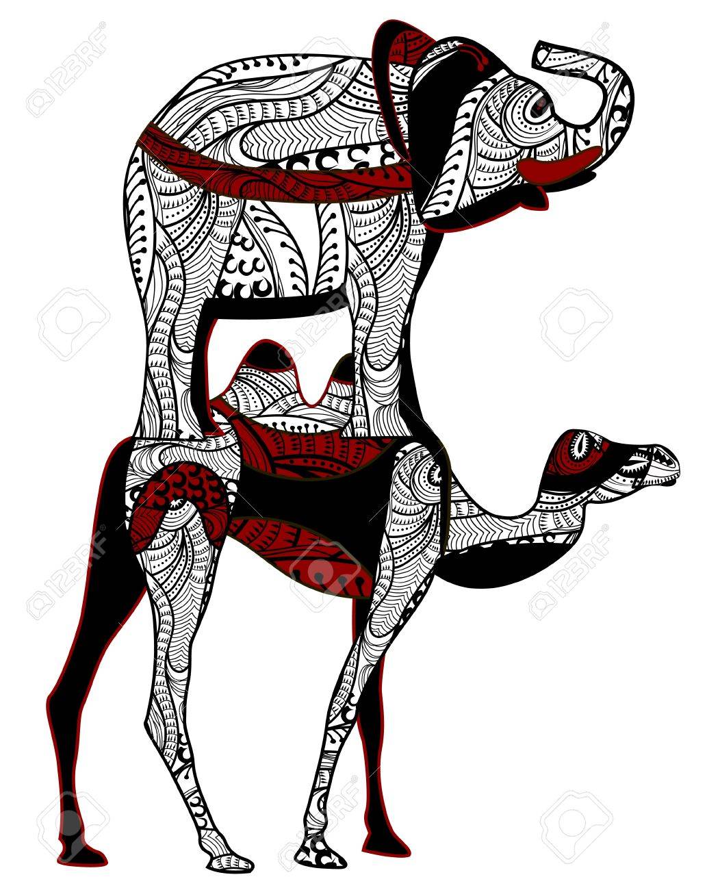 patterned elephant stands on the back of a camel in ethnic style