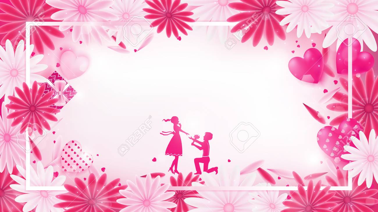 バレンタインの花の境界線は 真珠のピンクのハート ピンクのハート 白いボーダー 花びらとハートの輝きが国境の横に含まれており 真ん中に愛を持つカップル アートワークはいくつかの空きスペースを残します のイラスト素材 ベクタ Image