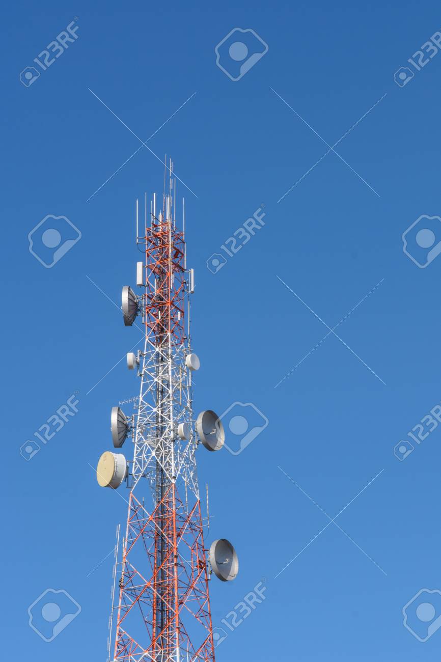 Telecommunication Radio Antenna And Satellite Tower With Blue.. Stock  Photo, Picture And Royalty Free Image. Image 55712466.