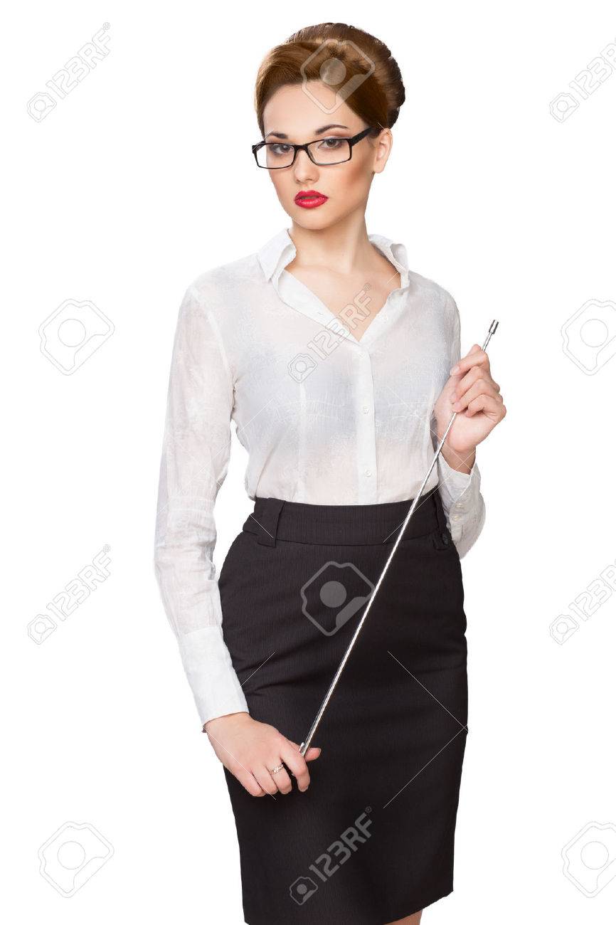 Young beautiful girl with a pointer in points - 26326201 Young beautiful girl with a pointer in points - 26326201