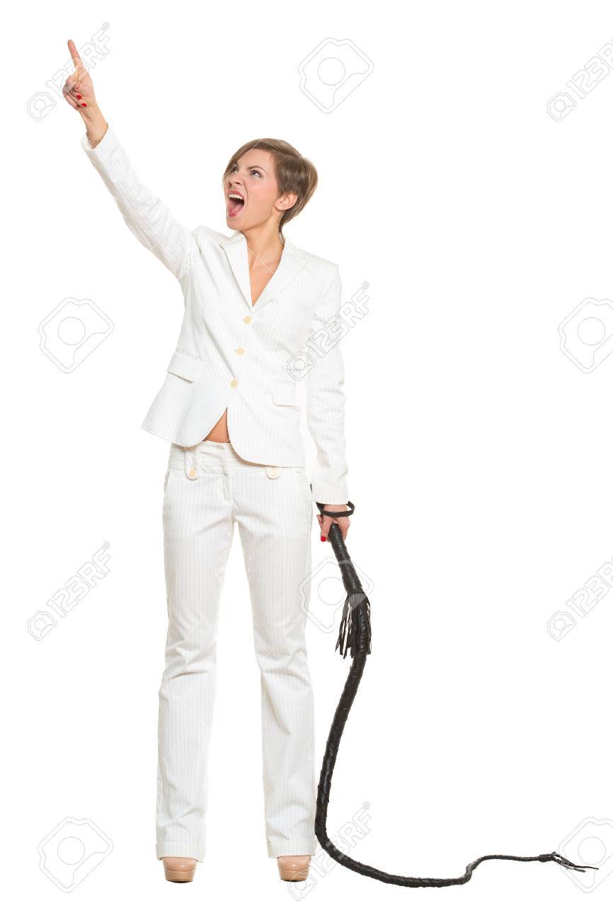 美しいビジネスの女性両手の鞭を持つ 白い背景に分離されました 専制的な上司のコンセプト の写真素材 画像素材 Image 60822043