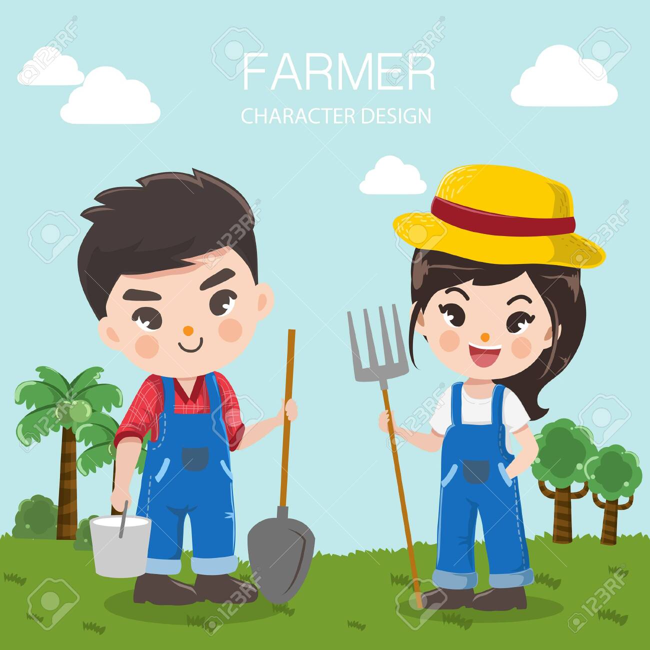 character design for livestock farms with farmers boy and girl in the background meadow and bright sky. - 123529068 character design for livestock farms with farmers boy and girl in the background meadow and bright sky. - 123529068