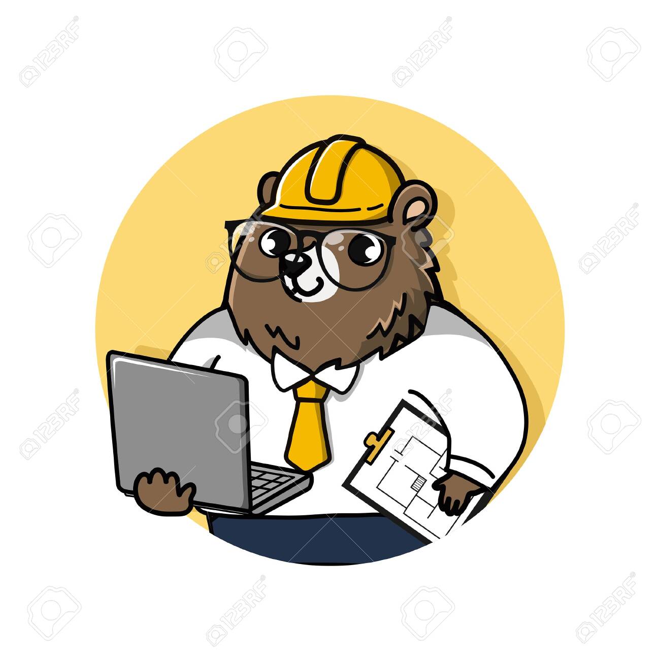 logo cute and friendly bear engineer holds a laptop computer and drawing documents. - 123529070 logo cute and friendly bear engineer holds a laptop computer and drawing documents. - 123529070