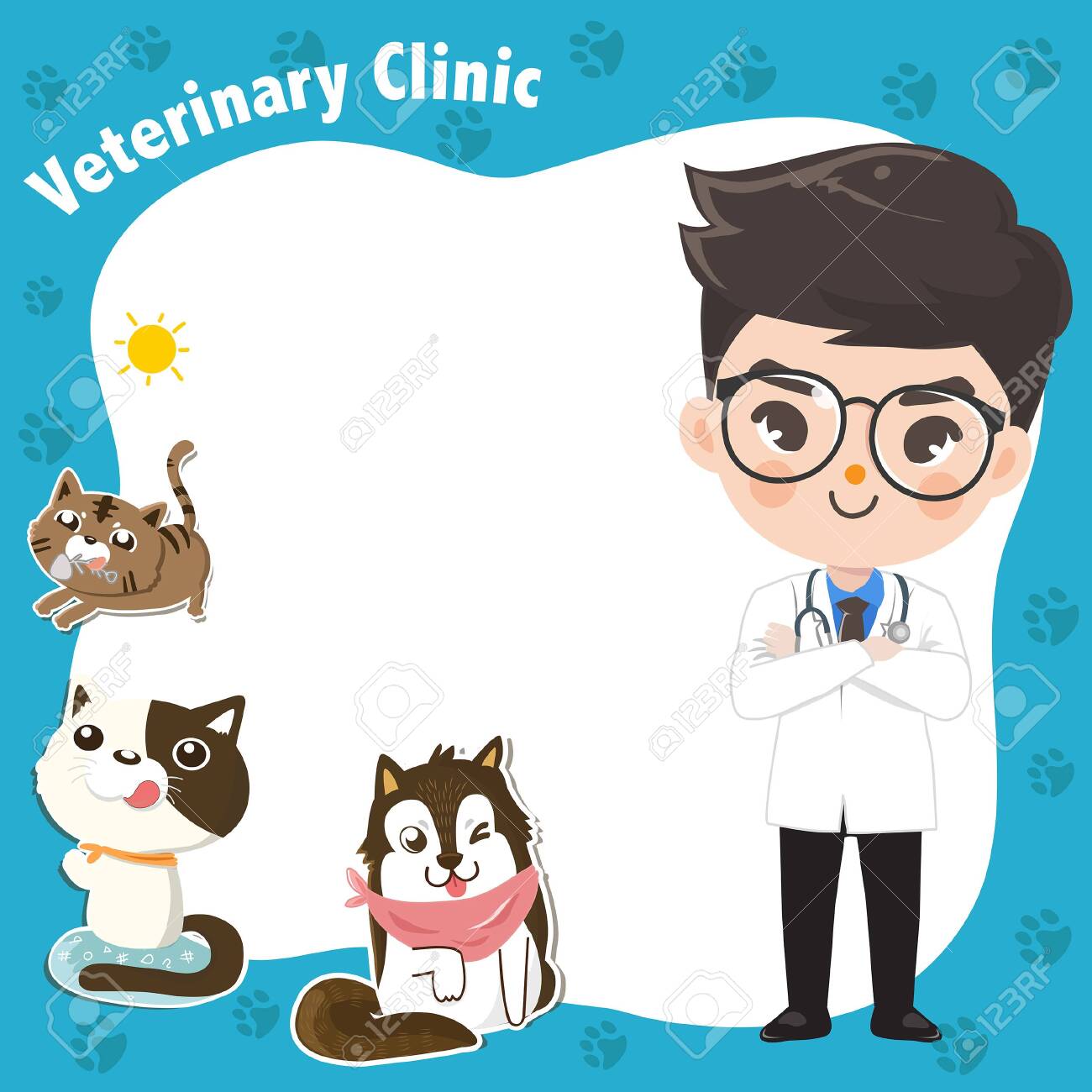 Template to enter text for a veterinary clinic with a doctor and a cute pets as a decoration.Graphic design and illustration vector. - 123529081 Template to enter text for a veterinary clinic with a doctor and a cute pets as a decoration.Graphic design and illustration vector. - 123529081