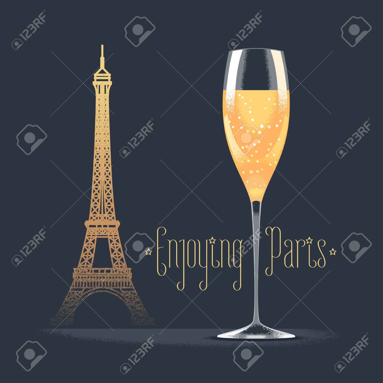 フランス エッフェル塔とグラス シャンパンはベクトル イラストです フランス フランスの建築のシンボルとパリの概念設計要素を参照してください お祝いのアイコンとしてスパーク リング シャンパン のイラスト素材 ベクタ Image