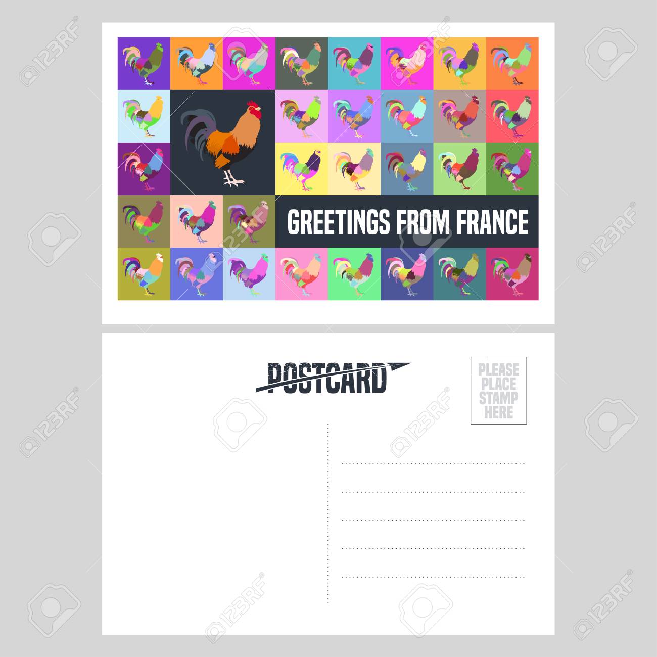 france vector postcard design with french symbol rooster in original