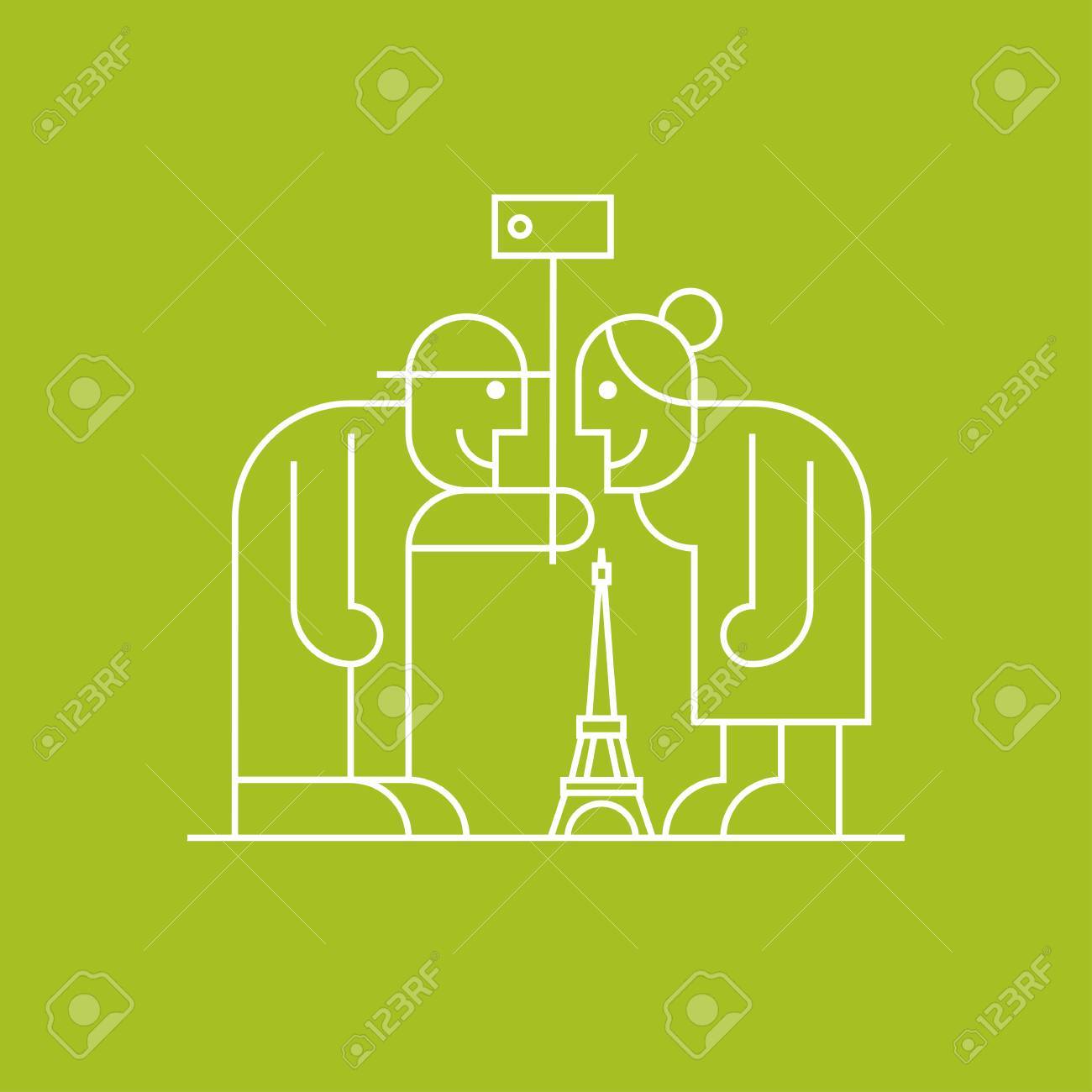 パリ ベクトルの線形シンボル エッフェル塔に近いカメラとスティック Selfie を作る老人アイコン アクティブでモダンな年金 受給者 高齢者のクリップアートのイラスト素材 ベクタ Image