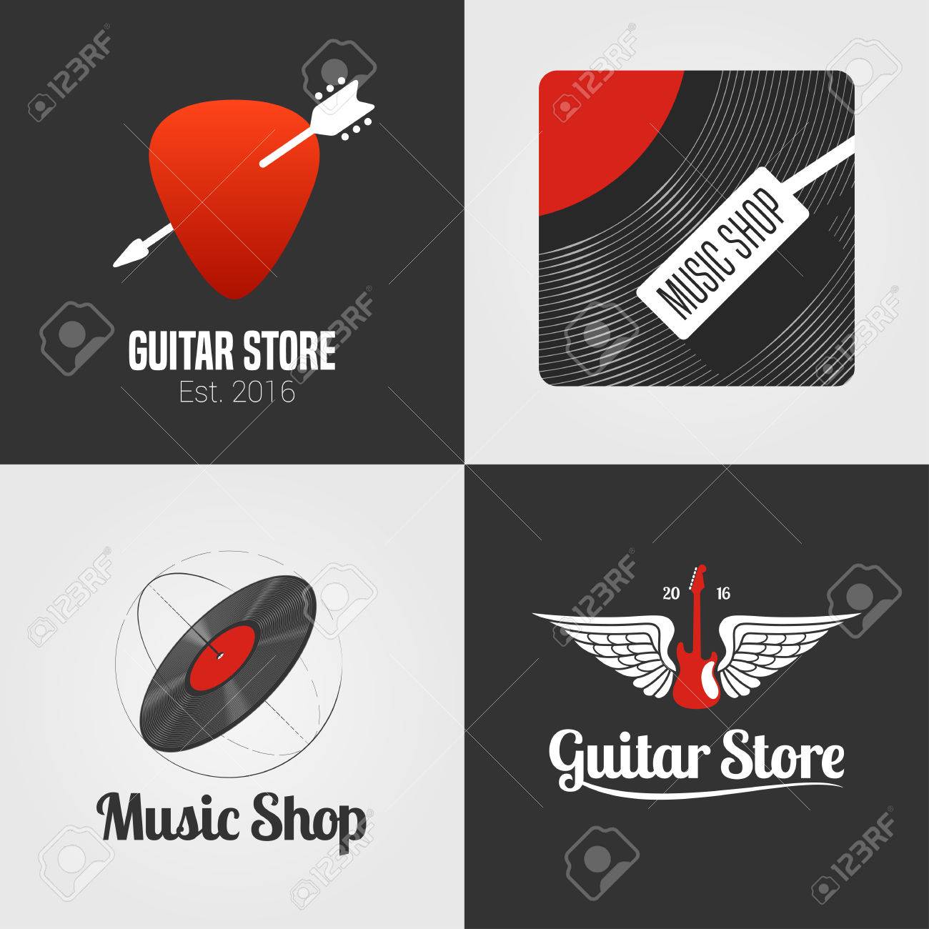 guitar shop music store set collection of icon symbol emblem