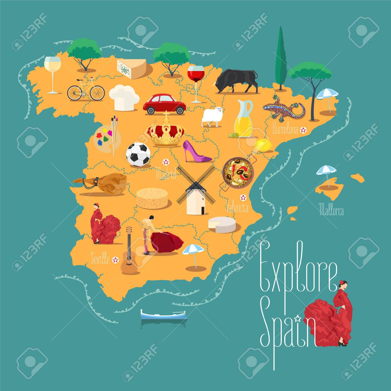 Carte De L Espagne Illustration Vectorielle Element De Design Icones Avec Espagnol Celebre Point De Repere Et De La Culture Explorez Concept Image Espagne Clip Art Libres De Droits Vecteurs Et Illustration
