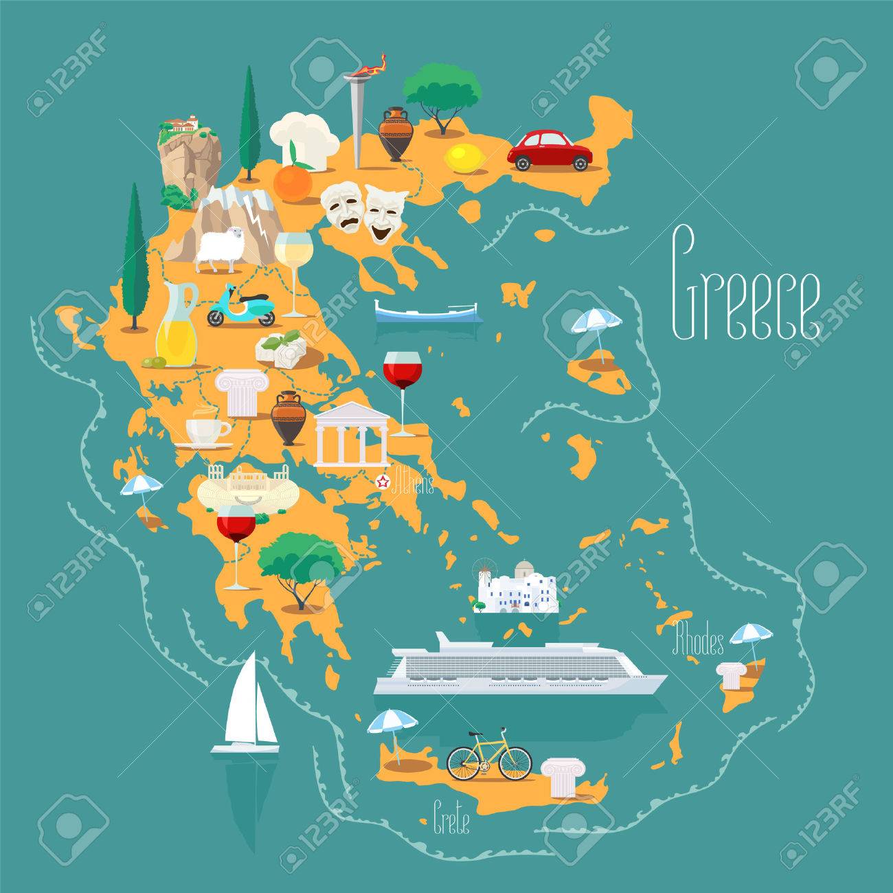 Map Of Greece With Islands Vector Illustration, Design. Icons With Greek Landmarks, Acropolis And Food. Royalty Free SVG, Cliparts, Vectors, and Stock Illustration. Image 73589874. for Free Printable Map Of Greece And Islands