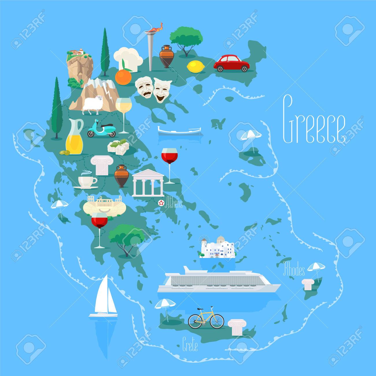 Map Of Greece With Islands Vector Illustration, Design Element. Icons With Greek Landmarks. Royalty Free SVG, Cliparts, Vectors, and Stock Illustration. Image 73652524. for Free Printable Map Of Greece And Islands