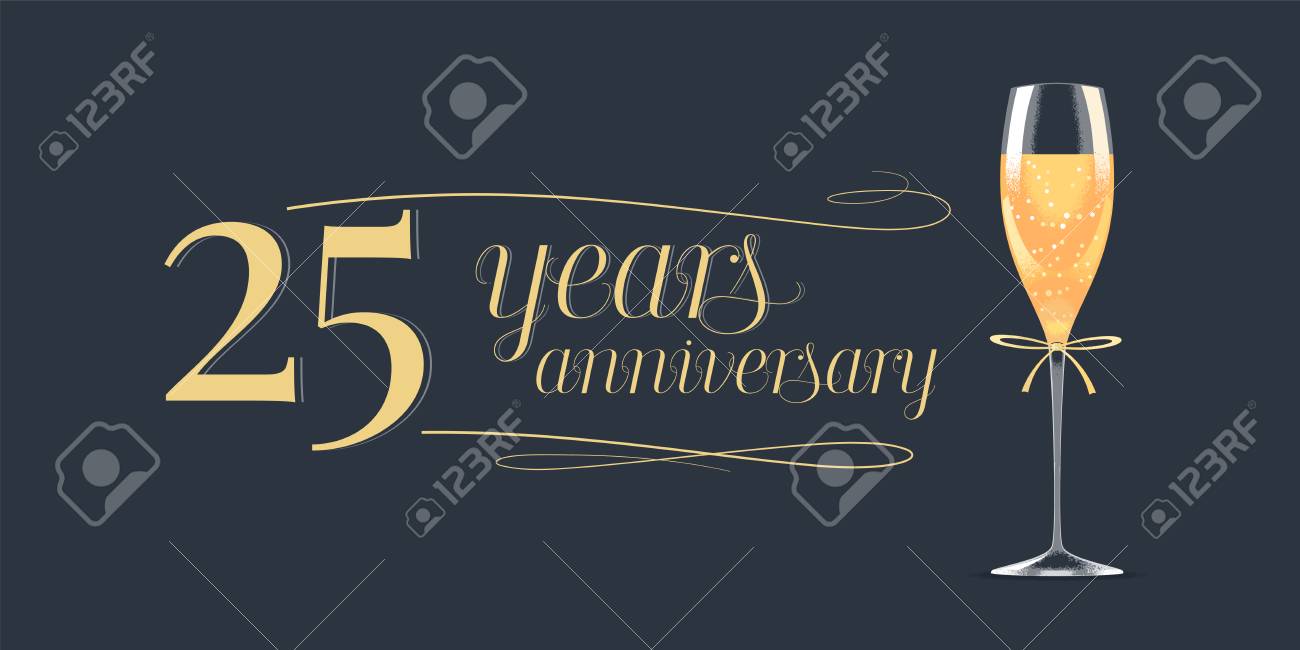 Icone D Anniversaire De 25 Ans Element De Design Graphique Banniere Avec Lettrage Dore Et Verre De Champagne Pour Le Fond De 25e Anniversaire Clip Art Libres De Droits Vecteurs Et Illustration