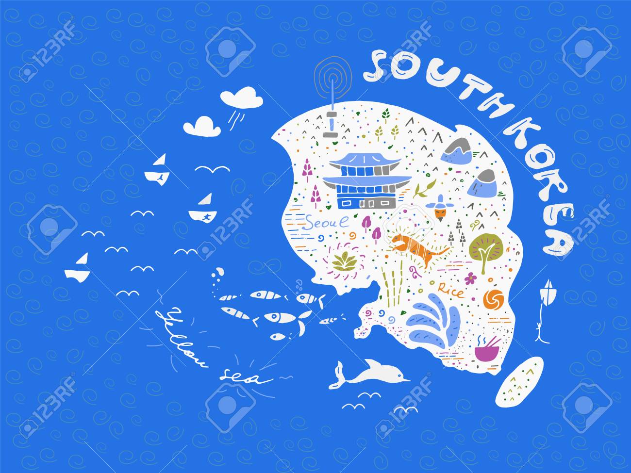 韓国ベクトル図では デザインのフリーハンドのマップ 韓国 のランドマーク 要素と落書き手描きアイコン 南山タワー 景福宮 スケッチ漫画のスタイルで虎の塔のイラスト素材 ベクタ Image