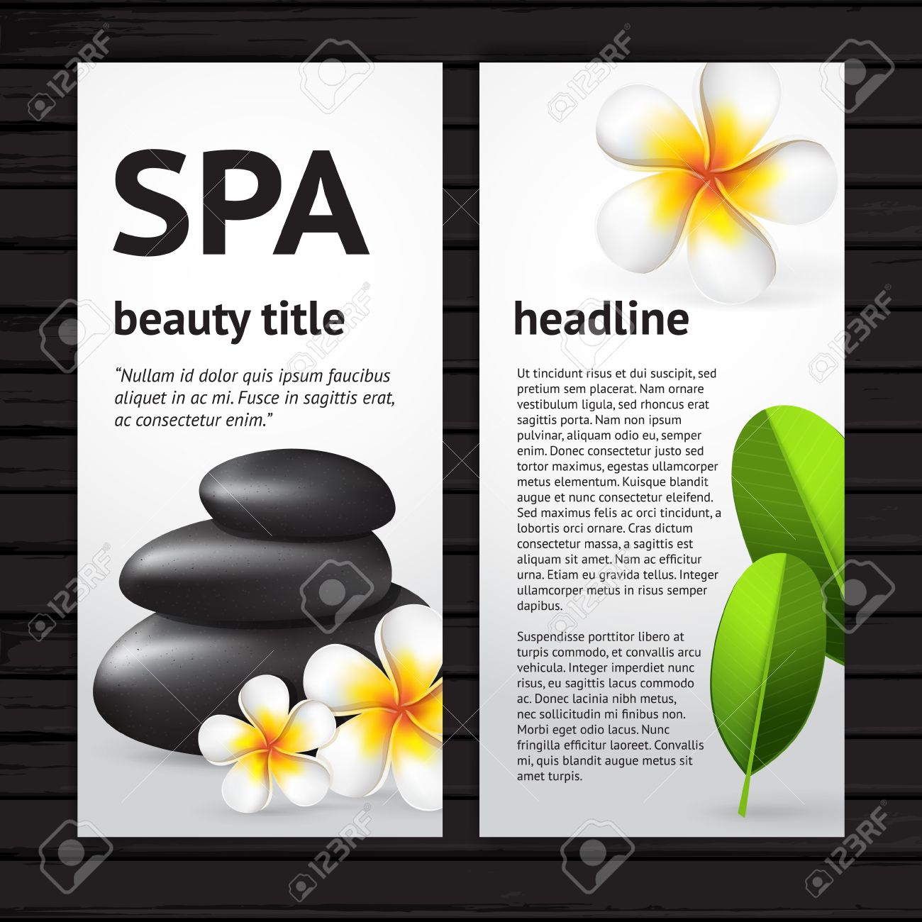 ベクター近代的なスパ チラシ デザイン テンプレート現実的なプルメリアの花 緑の葉 黒い石黒木製の背景に縦型カードのイラスト素材 ベクタ Image