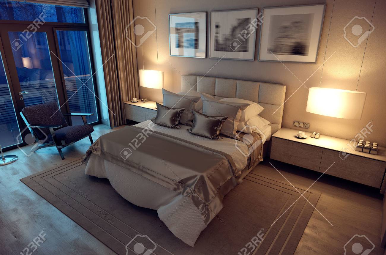 9D-Rendering-Abend gemütliches Schlafzimmer im modernen Haus. Riesiges Bett mit zahlreichen Kissen ist dominiert den Raum. Die Inter ist mit Holz und 9D-Rendering-Abend gemütliches Schlafzimmer im modernen Haus. Riesiges Bett mit zahlreichen Kissen ist dominiert den Raum. Die Inter ist mit Holz und