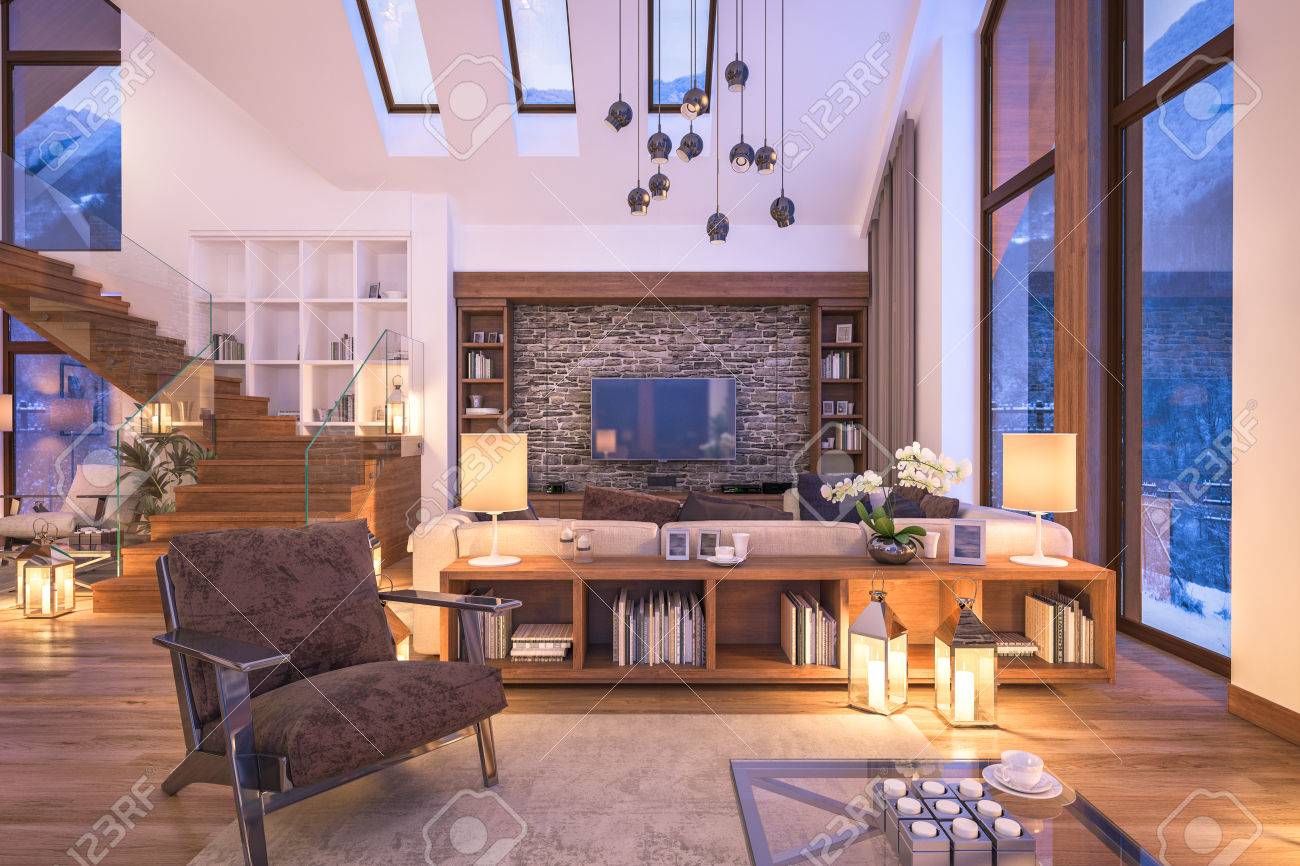 3D-Rendering Von Gemütlichen Wohnzimmer Auf Kalten Winternacht In ... 3D-Rendering Von Gemütlichen Wohnzimmer Auf Kalten Winternacht In ...