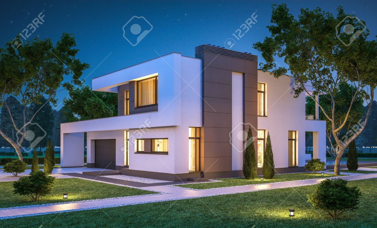 Rendu 3d De La Maison Moderne Et Confortable Avec Garage à Vendre Ou