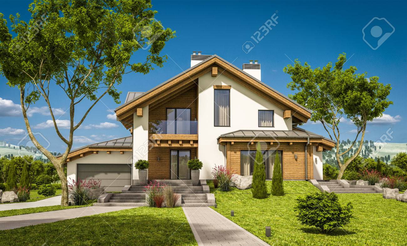 3D-Rendering Des Modernen Gemütlichen Hauses Im Chalet-Stil Mit ... 3D-Rendering Des Modernen Gemütlichen Hauses Im Chalet-Stil Mit ...