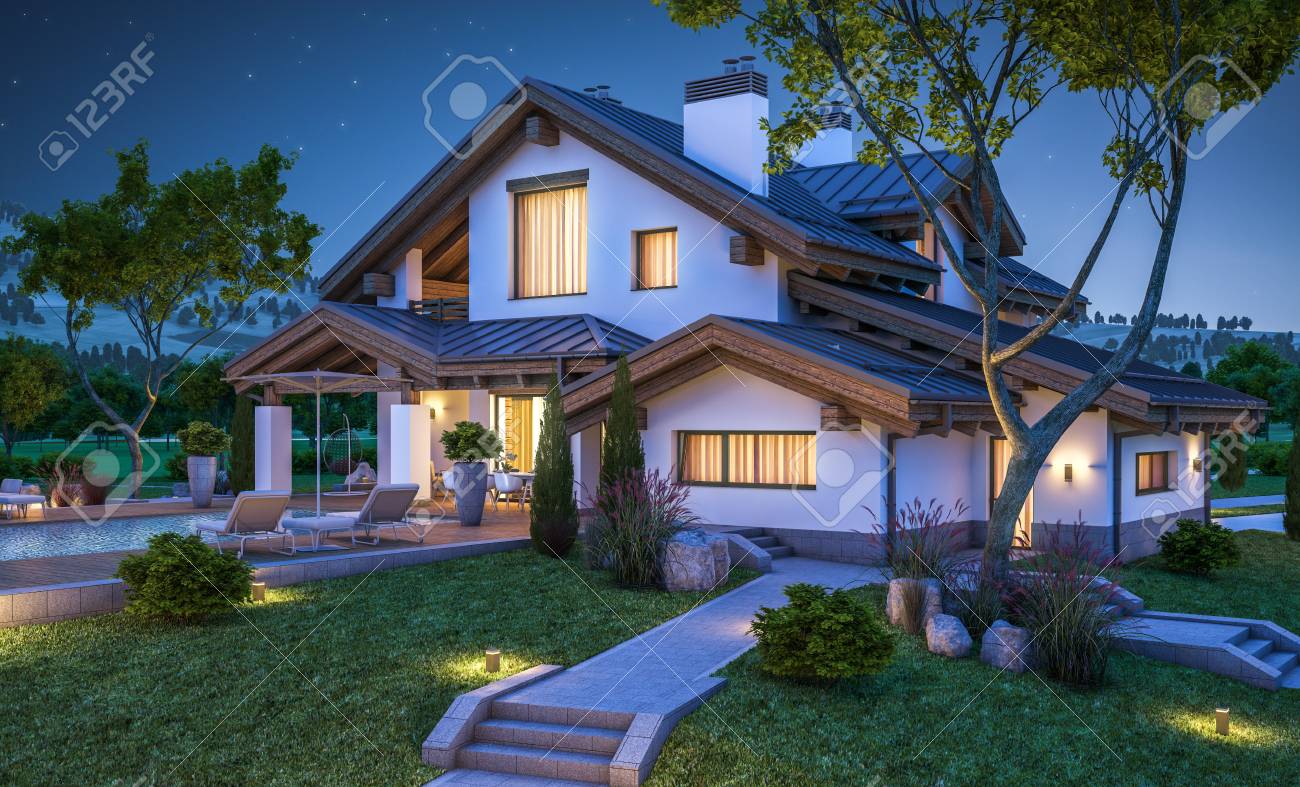 3D-Rendering Von Modernen Gemütlichen Haus Im Chalet-Stil Mit Garage ... 3D-Rendering Von Modernen Gemütlichen Haus Im Chalet-Stil Mit Garage ...