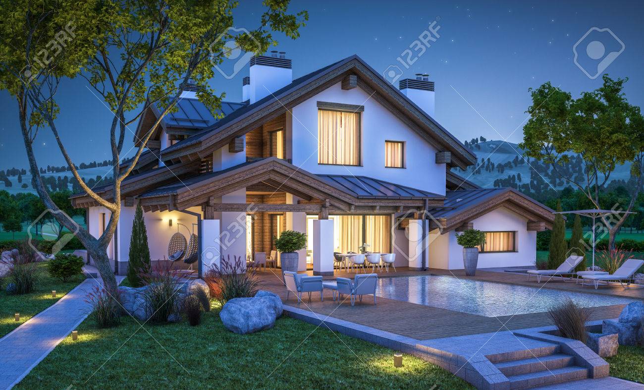3D-Rendering Von Modernen Gemütlichen Haus Im Chalet-Stil Mit Garage ... 3D-Rendering Von Modernen Gemütlichen Haus Im Chalet-Stil Mit Garage ...