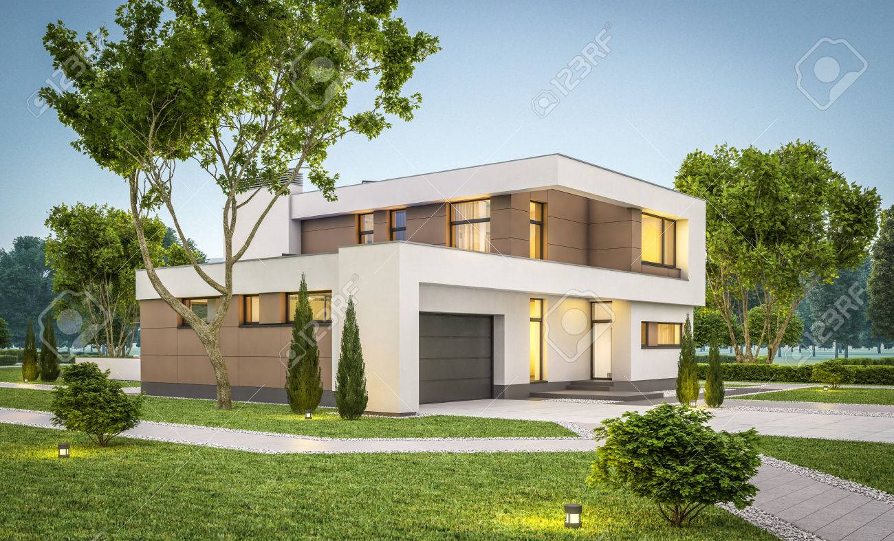 Représentation 3D De La Maison Moderne Et Confortable Avec Garage à ... Représentation 3D De La Maison Moderne Et Confortable Avec Garage à ...