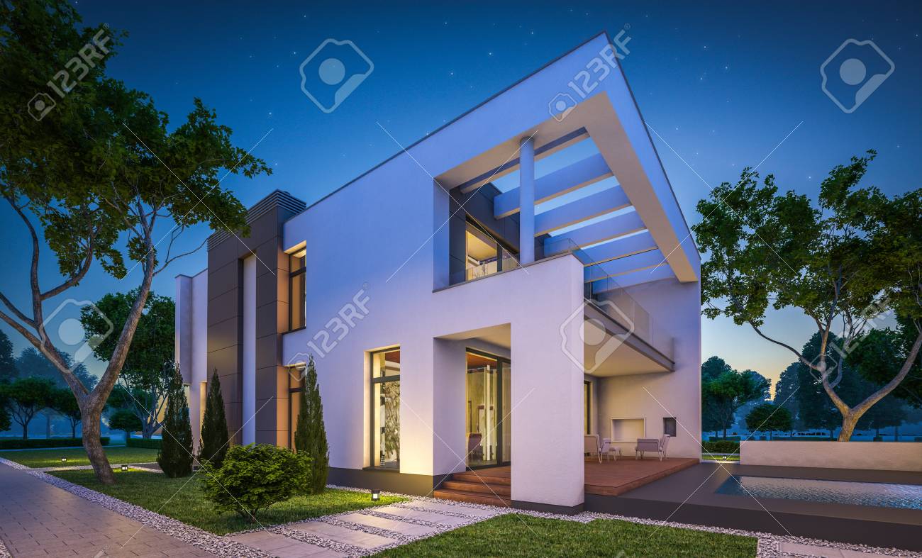 販売のための車庫を持つモダンな居心地の良い家や多くの草の芝生の上で家賃の 3 D レンダリングします 空の上の星と明確な夏の夜 ウィンドウから居心地の 良い暖かい光 の写真素材 画像素材 Image