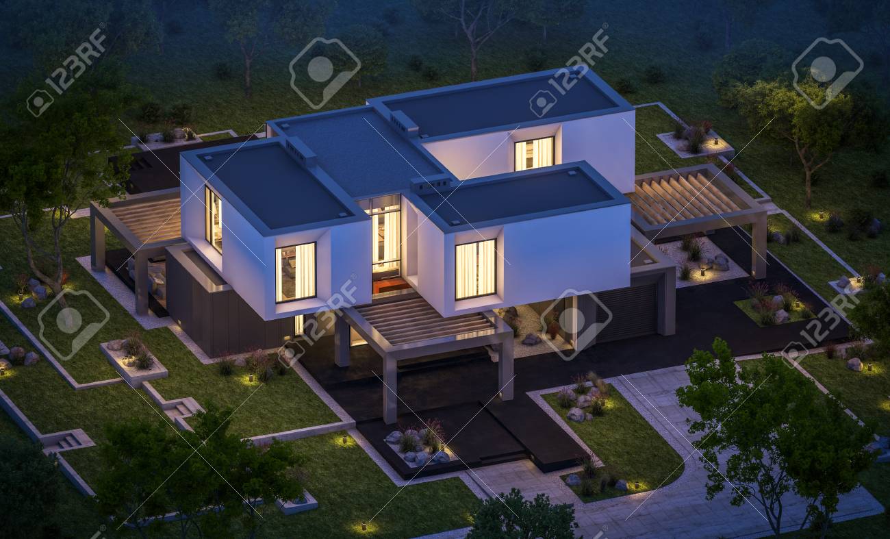 3d rendering of modern cozy house in the garden with garage for sale