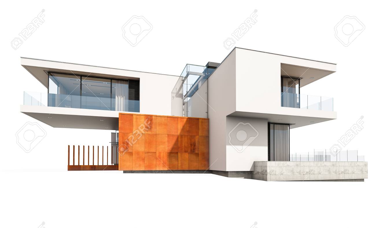 3d rendering of modern cozy house by the river with garage for sale