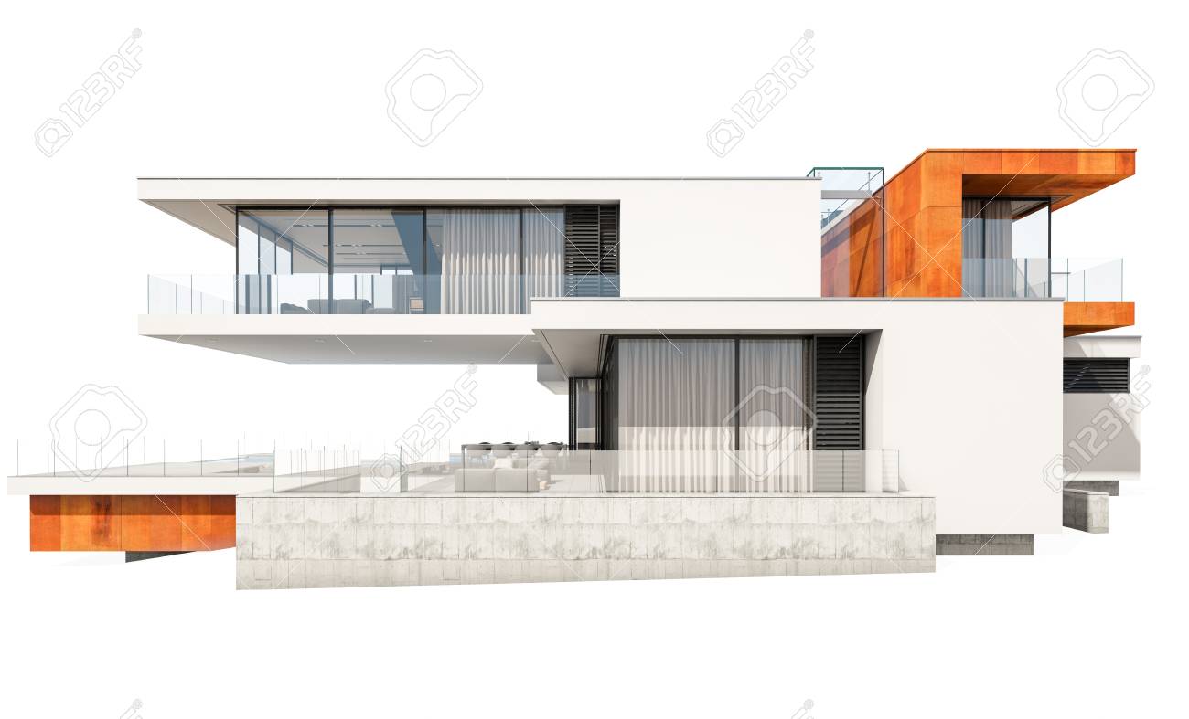 3d rendering of modern cozy house by the river with garage for sale