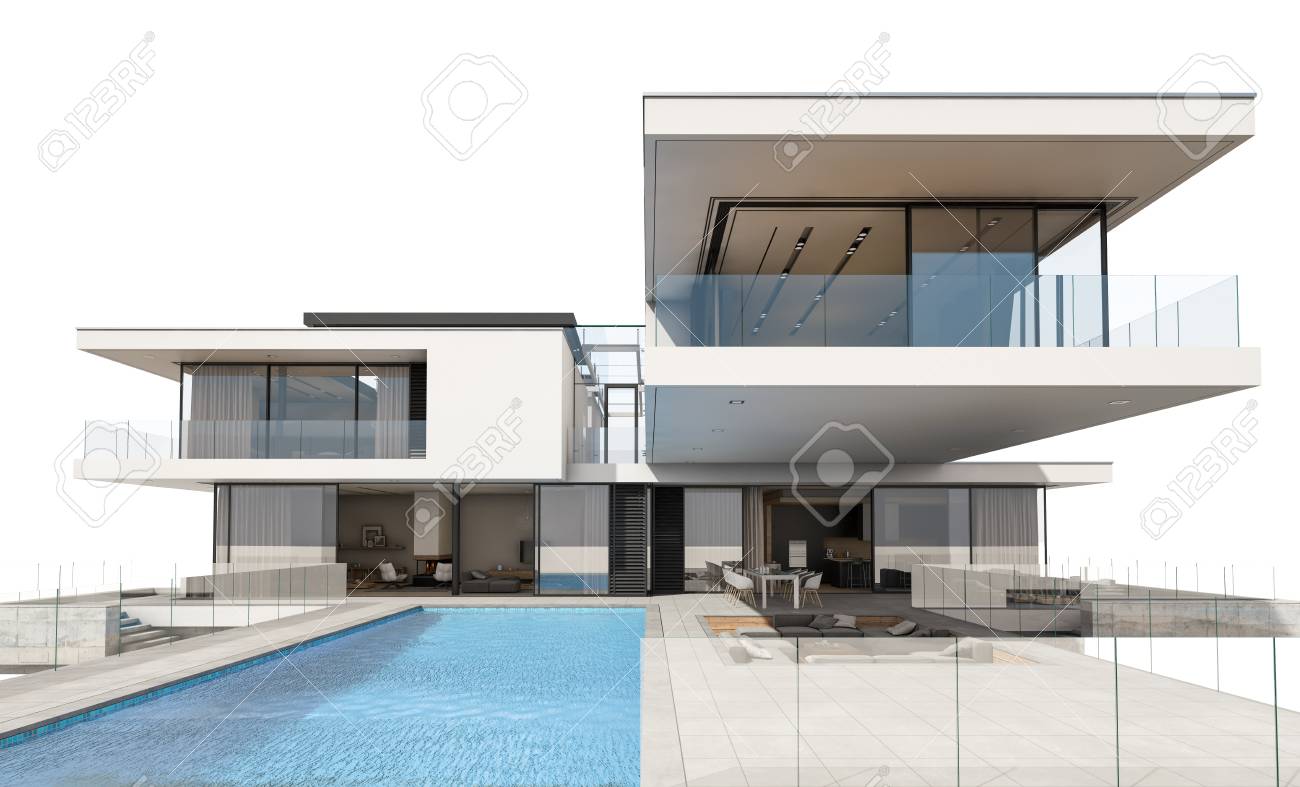 3d rendering of modern cozy house by the river with garage for sale