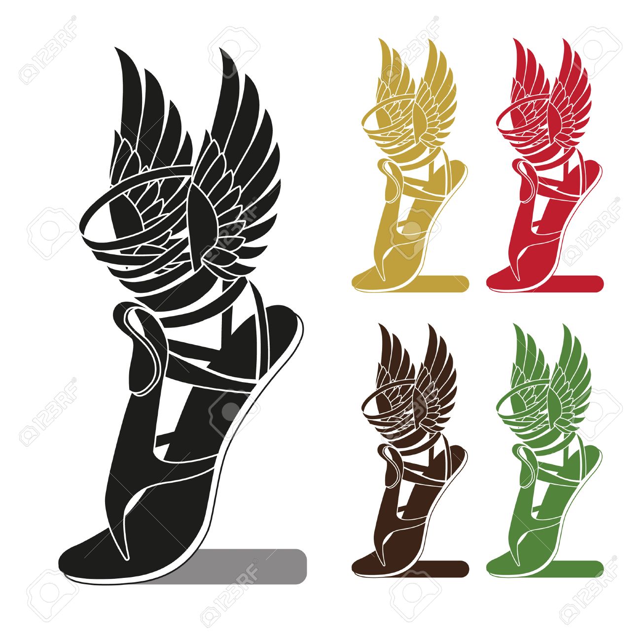 Silueta Del Zapato Corriente Las Alas. Símbolo De Comercio. Beneficio O Deporte. Plantilla Para Icono, Logotipo, Impresión, Con Opciones Para El Color. Aislado Del Vector. Zapato Con Encanto De Las