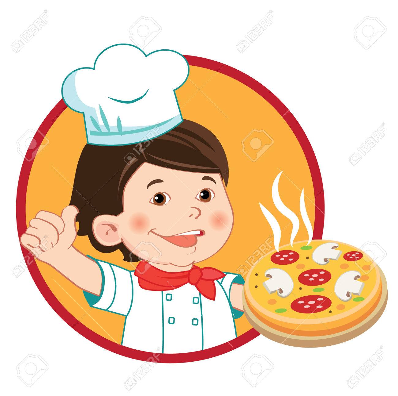 Small Cook With Pizza. Vector Illustration Isolated On A White Background.  Vector Character. Kids In The Kitchen. Young Boy Chef. Cheerful Cook.  Kitchen. Restaurant. Cooking Food. Mischievous Picture. Royalty Free SVG,  Cliparts,, image size:1300x1291