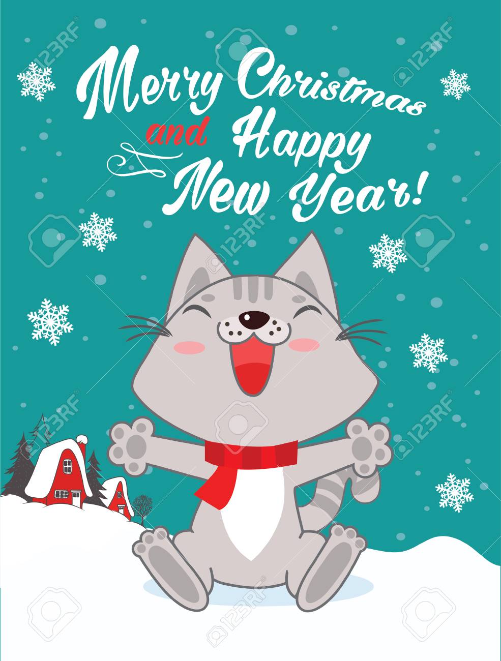 おもしろかわいい猫は冬の風景に幸せな新年を望んだ 漫画の動物のベクトル 面白い猫画像 面白い猫ミーム 面白い猫もの 面白い猫のポスター のイラスト素材 ベクタ Image
